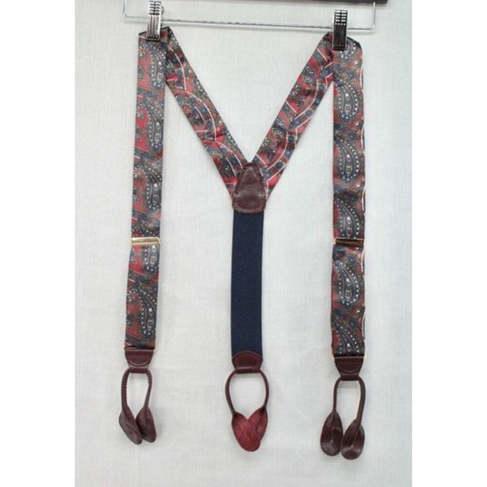 Vintage CAS Germany Suspenders Silk Burgundy Blue Paisley Gold Tone Hardware